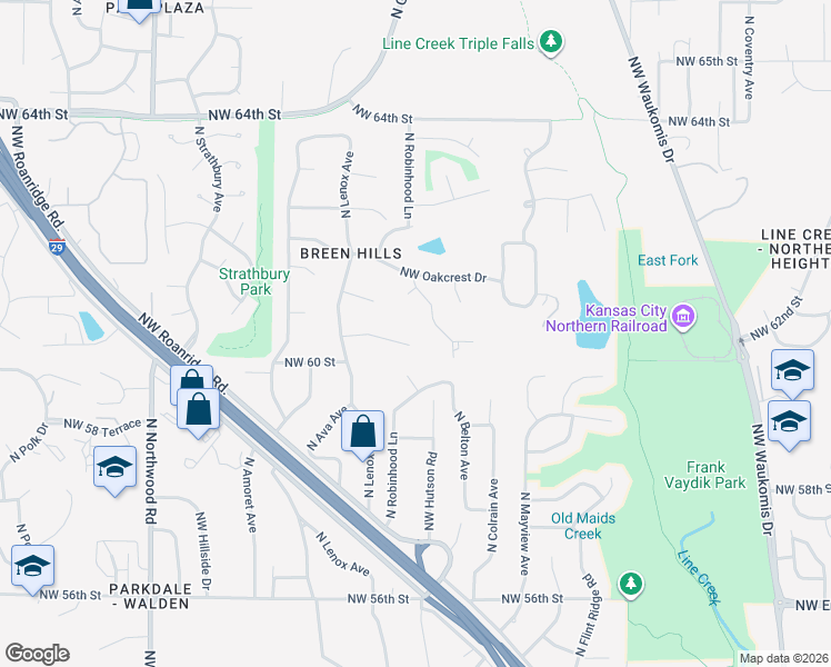 map of restaurants, bars, coffee shops, grocery stores, and more near 3524 Northwest 60 Terrace in Kansas City