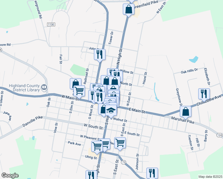 map of restaurants, bars, coffee shops, grocery stores, and more near 213 North High Street in Hillsboro