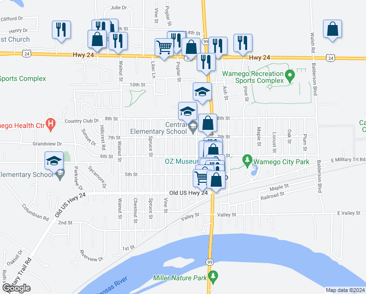 map of restaurants, bars, coffee shops, grocery stores, and more near 606 Poplar Street in Wamego