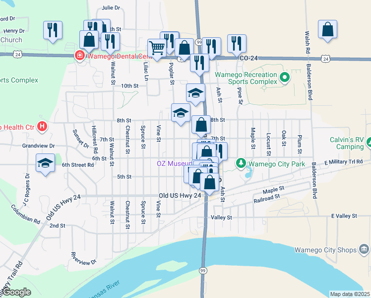 map of restaurants, bars, coffee shops, grocery stores, and more near 606 Poplar Street in Wamego