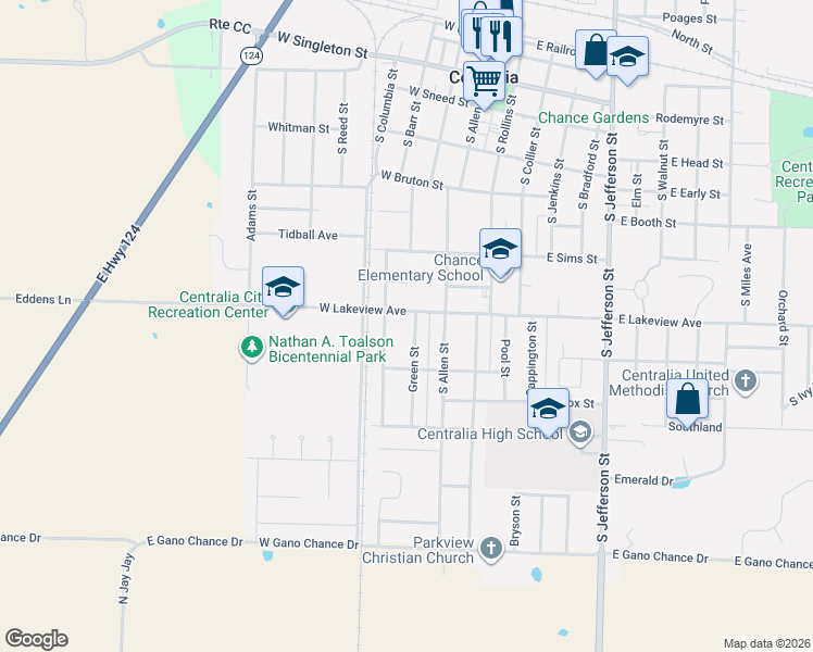 map of restaurants, bars, coffee shops, grocery stores, and more near 605 Green Street in Centralia