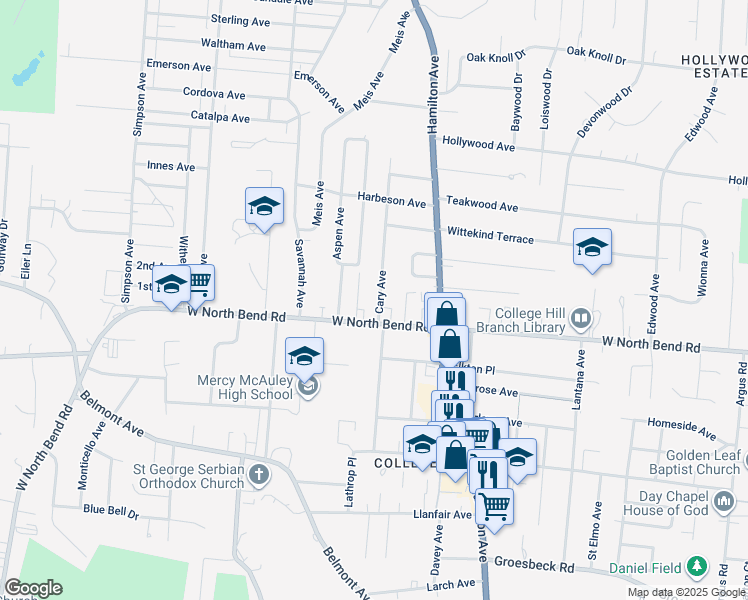 map of restaurants, bars, coffee shops, grocery stores, and more near 6223 Cary Avenue in Cincinnati