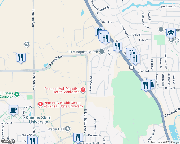 map of restaurants, bars, coffee shops, grocery stores, and more near 2017 Blue Hills Road in Manhattan