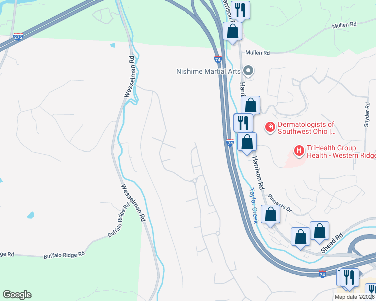 map of restaurants, bars, coffee shops, grocery stores, and more near 8019 Oakbridge Way in Cincinnati