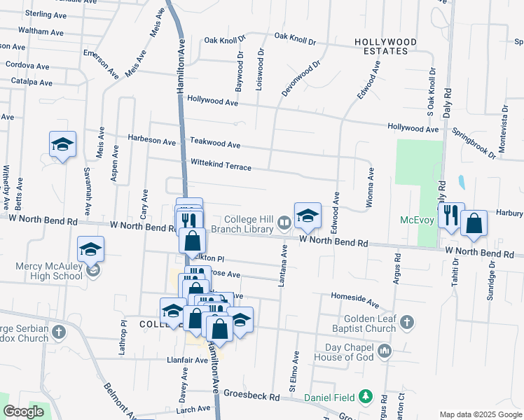 map of restaurants, bars, coffee shops, grocery stores, and more near 1430 West North Bend Road in Cincinnati