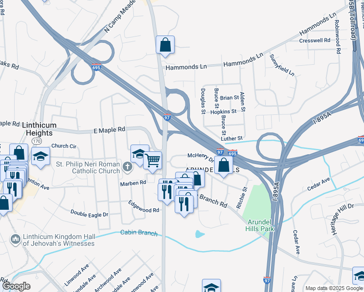 map of restaurants, bars, coffee shops, grocery stores, and more near 5727 Howard Drive in Glen Burnie