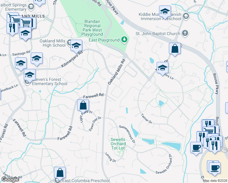 map of restaurants, bars, coffee shops, grocery stores, and more near 6009 Charles Edward Terrace in Columbia