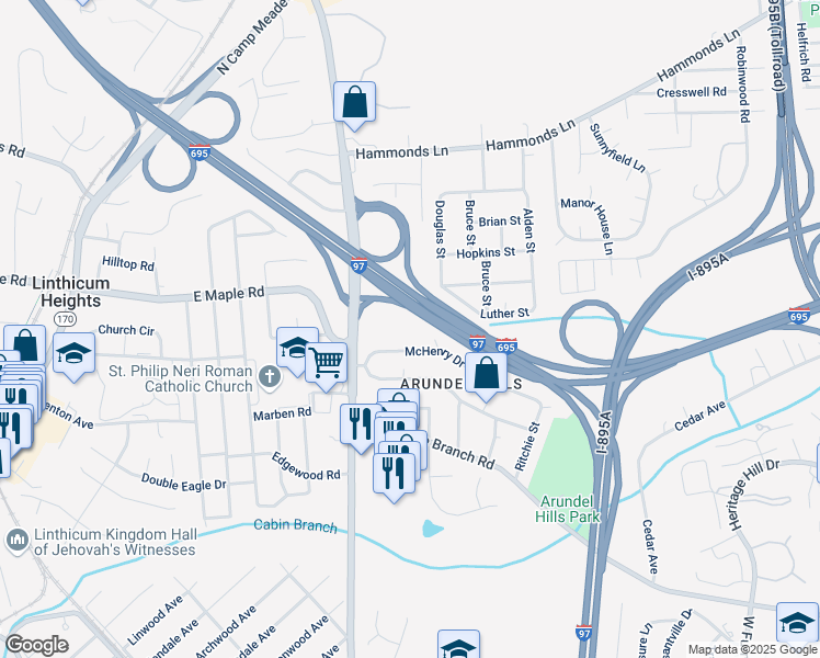 map of restaurants, bars, coffee shops, grocery stores, and more near 5737 Howard Drive in Glen Burnie