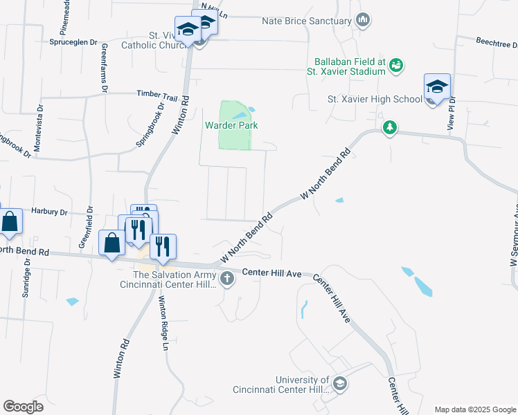 map of restaurants, bars, coffee shops, grocery stores, and more near 6733 Warder Drive in Cincinnati