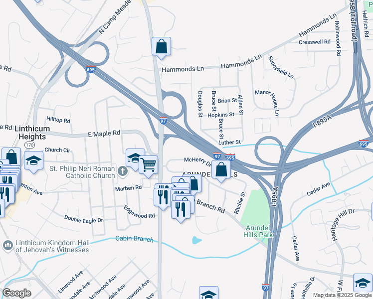 map of restaurants, bars, coffee shops, grocery stores, and more near 5737 Howard Drive in Glen Burnie