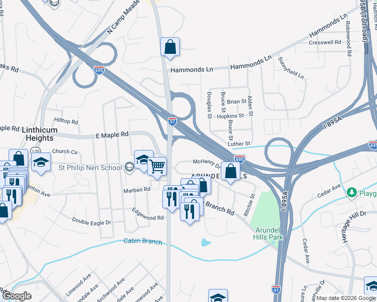map of restaurants, bars, coffee shops, grocery stores, and more near 5729 Howard Drive in Glen Burnie