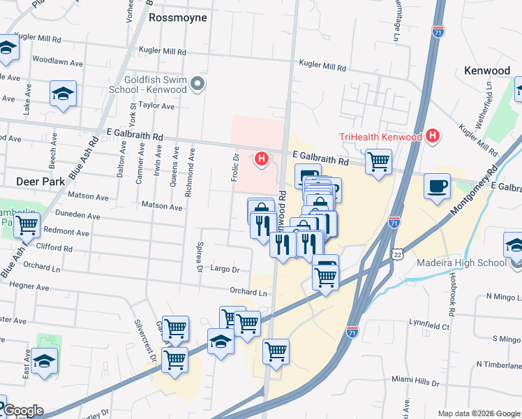 map of restaurants, bars, coffee shops, grocery stores, and more near 7974 Festive Court in Cincinnati