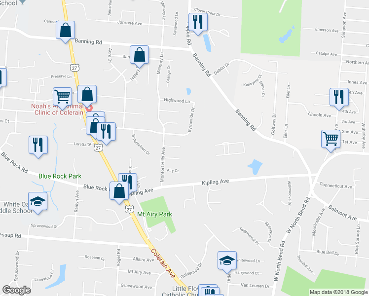 map of restaurants, bars, coffee shops, grocery stores, and more near 2501 Flanigan Court in Cincinnati