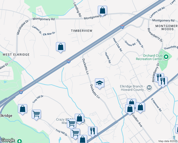 map of restaurants, bars, coffee shops, grocery stores, and more near 6099 Ducketts Lane in Elkridge