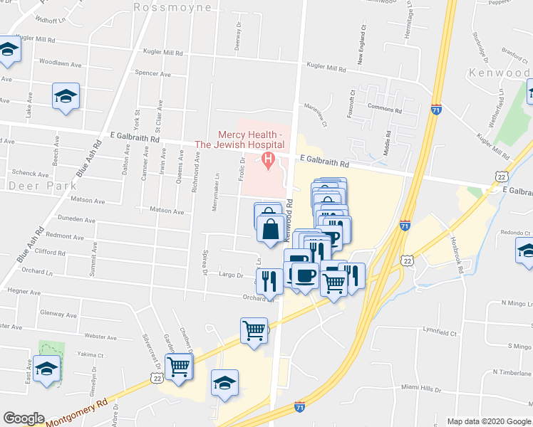 map of restaurants, bars, coffee shops, grocery stores, and more near 7974 Festive Court in Cincinnati