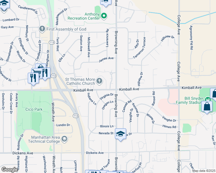map of restaurants, bars, coffee shops, grocery stores, and more near 2001 North Pointe Drive in Manhattan