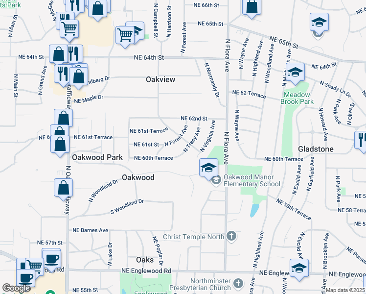 map of restaurants, bars, coffee shops, grocery stores, and more near 6006 N Tracy Ave in Kansas City