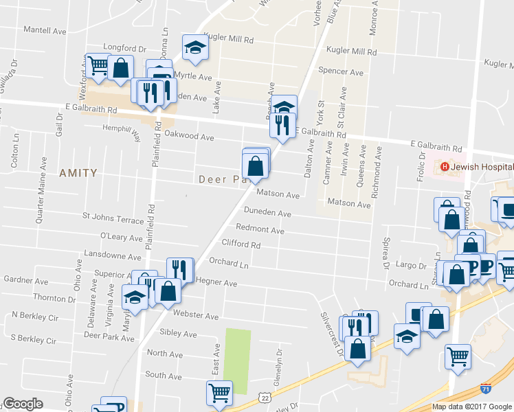 map of restaurants, bars, coffee shops, grocery stores, and more near 4246 Duneden Avenue in Cincinnati