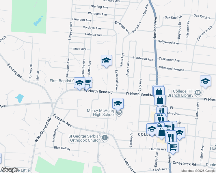 map of restaurants, bars, coffee shops, grocery stores, and more near 6216 Collegevue Place in Cincinnati