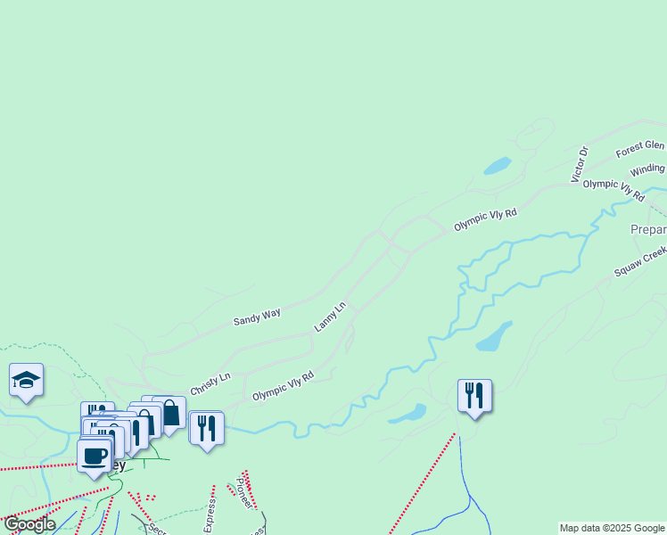 map of restaurants, bars, coffee shops, grocery stores, and more near 1322 Sandy Way in Tahoe City