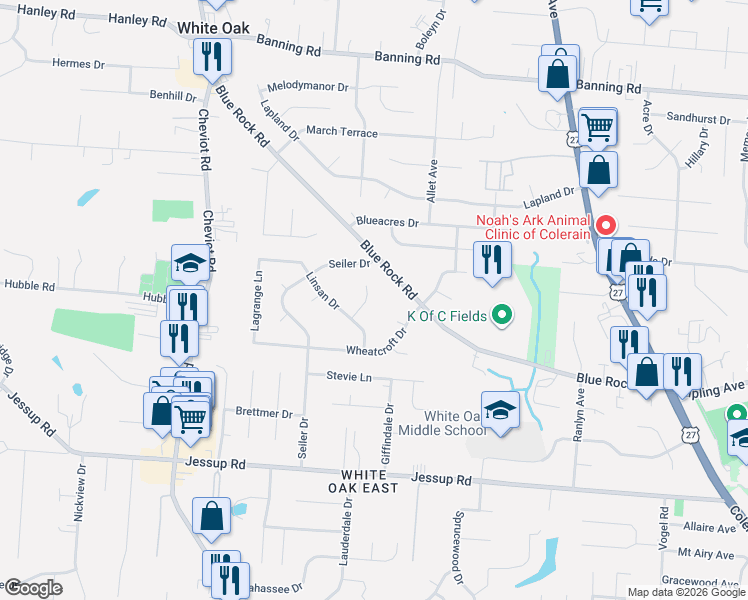 map of restaurants, bars, coffee shops, grocery stores, and more near 6220 Schunk Court in Cincinnati