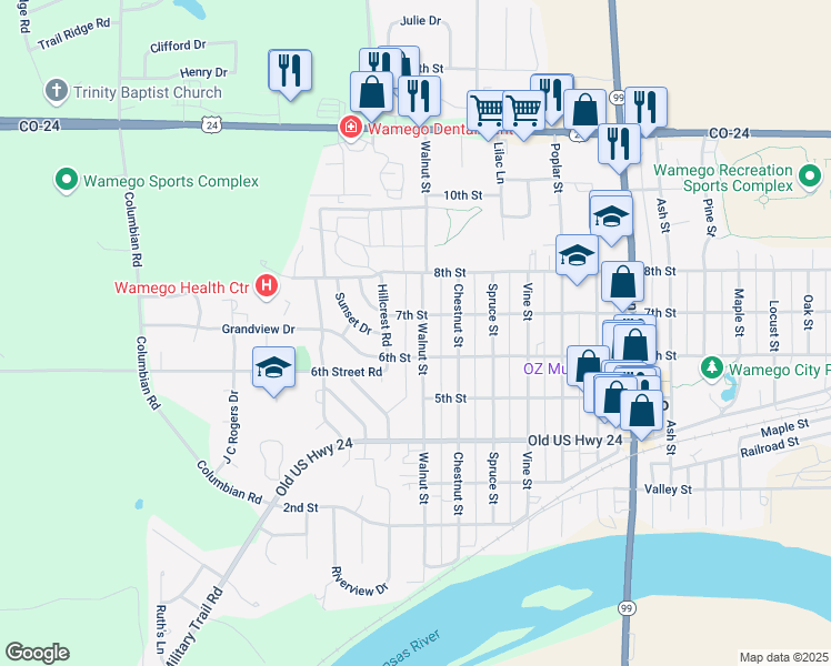 map of restaurants, bars, coffee shops, grocery stores, and more near 609 Walnut St in Wamego
