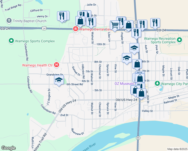 map of restaurants, bars, coffee shops, grocery stores, and more near 609 Walnut Street in Wamego