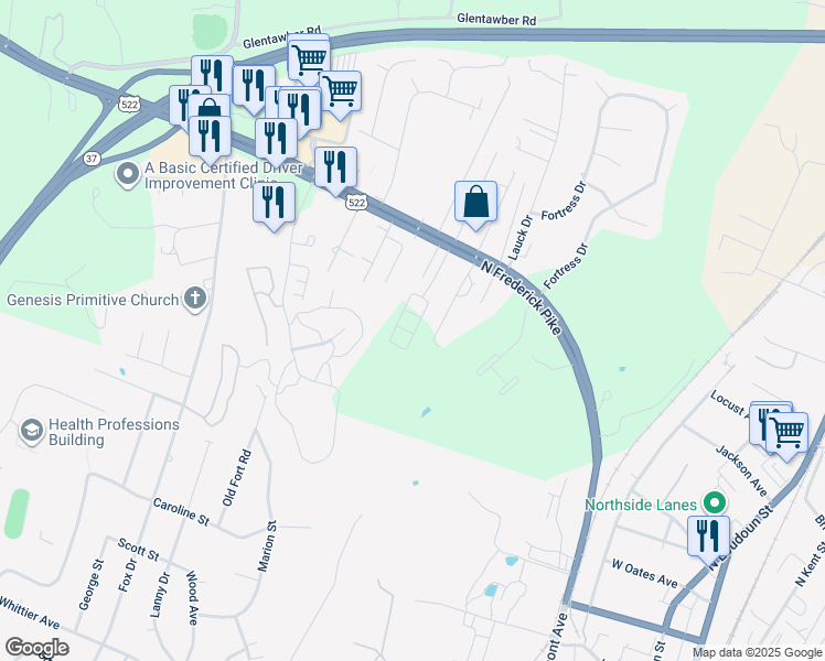 map of restaurants, bars, coffee shops, grocery stores, and more near 100 Reign Way in Winchester