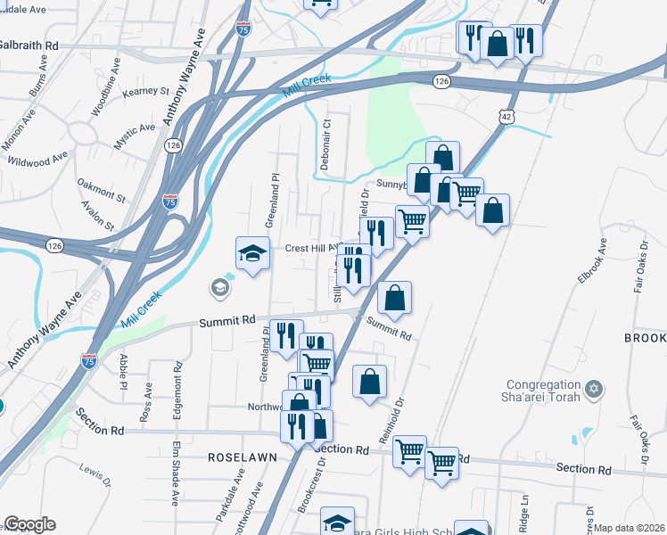 map of restaurants, bars, coffee shops, grocery stores, and more near 7769 Stillwell Road in Cincinnati