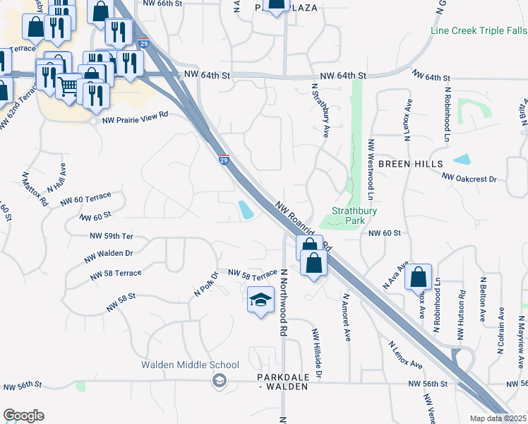 map of restaurants, bars, coffee shops, grocery stores, and more near 6046 Northwest Prairie View Road in Kansas City