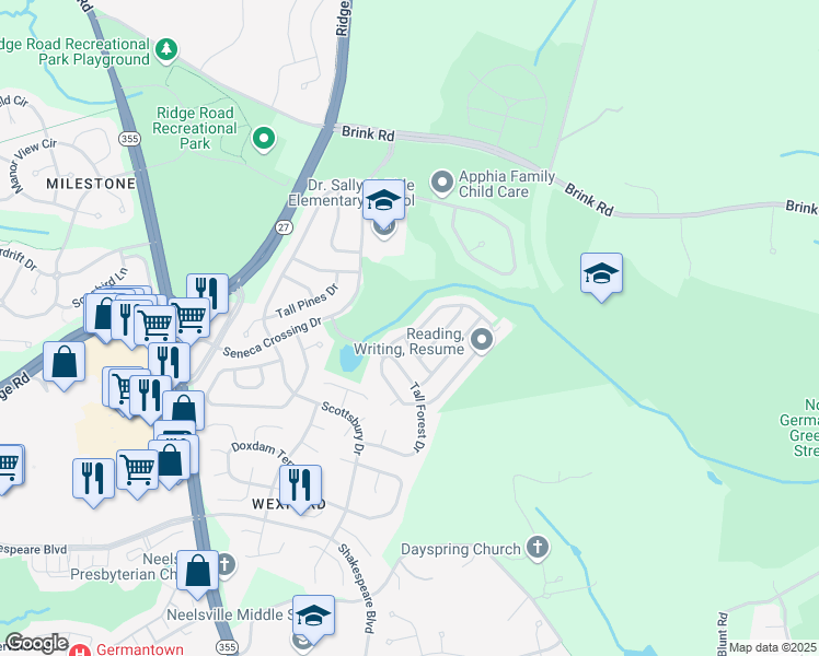 map of restaurants, bars, coffee shops, grocery stores, and more near 21229 Hickory Forest Way in Germantown