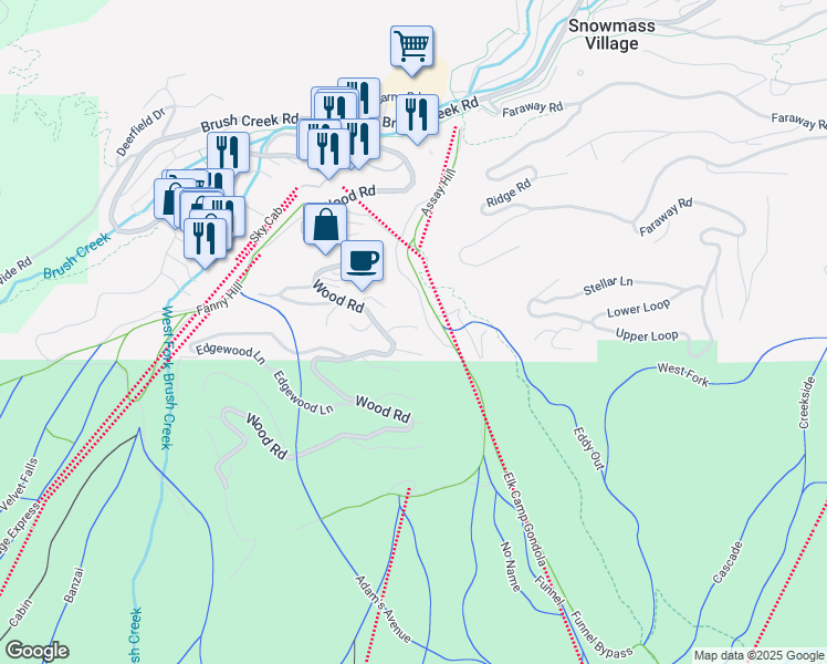 map of restaurants, bars, coffee shops, grocery stores, and more near 908 Wood Road in Aspen