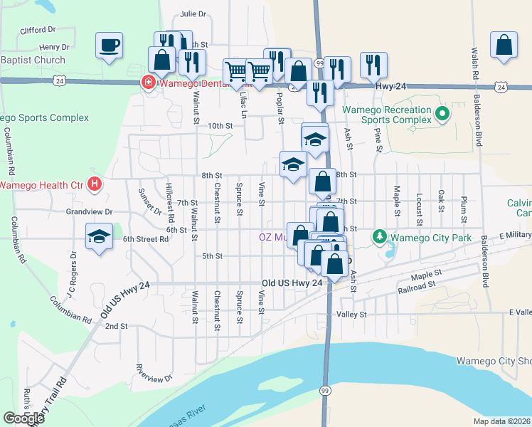 map of restaurants, bars, coffee shops, grocery stores, and more near 608 Vine Street in Wamego