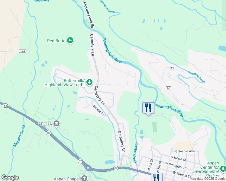 map of restaurants, bars, coffee shops, grocery stores, and more near 1270 Snowbunny Lane in Aspen