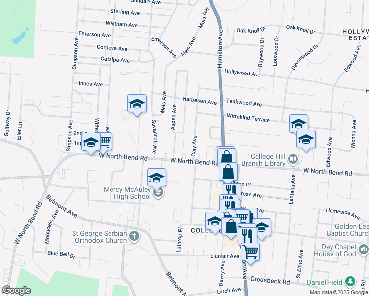map of restaurants, bars, coffee shops, grocery stores, and more near 1722 West North Bend Road in Cincinnati