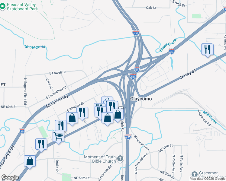 map of restaurants, bars, coffee shops, grocery stores, and more near 519 East Whittier Street in Kansas City