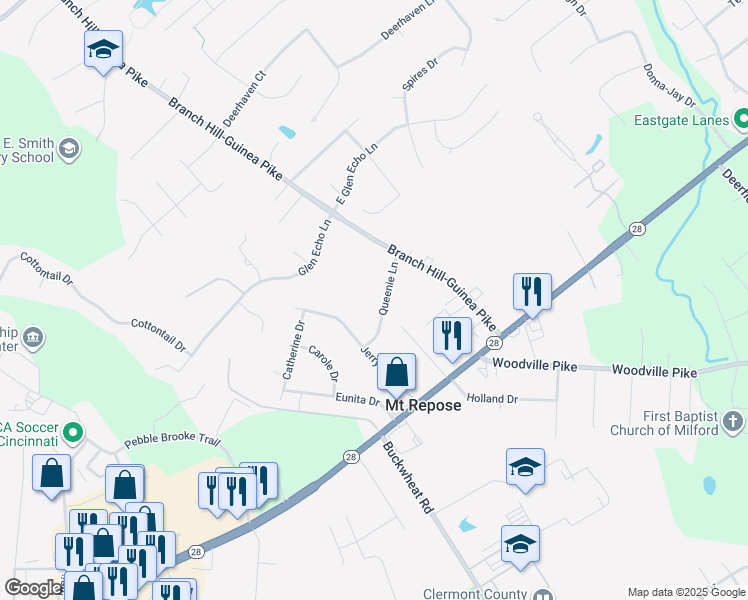 map of restaurants, bars, coffee shops, grocery stores, and more near 1205 Queenie Lane in Milford