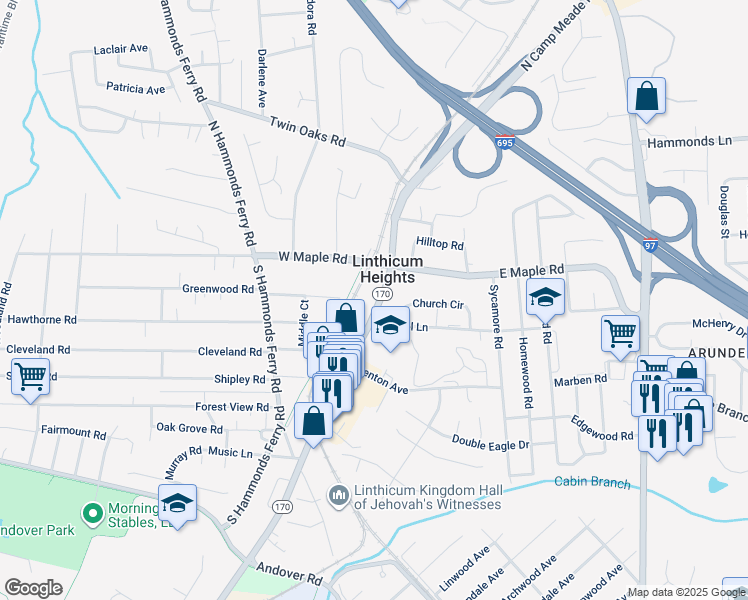 map of restaurants, bars, coffee shops, grocery stores, and more near 112 South Camp Meade Road in Linthicum Heights