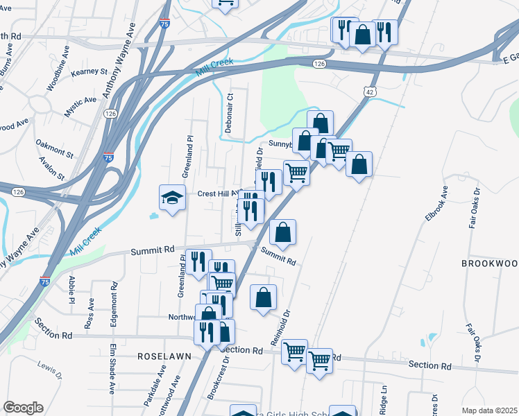 map of restaurants, bars, coffee shops, grocery stores, and more near 7733 Reading Road in Cincinnati