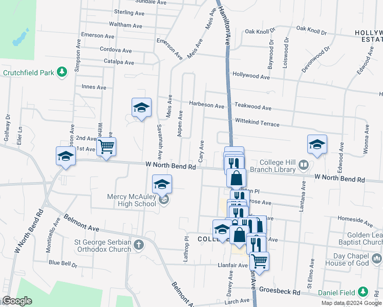 map of restaurants, bars, coffee shops, grocery stores, and more near 6223 Cary Avenue in Cincinnati