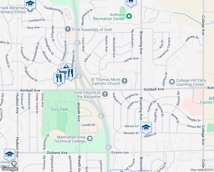 map of restaurants, bars, coffee shops, grocery stores, and more near 3020 Kimball Avenue in Manhattan