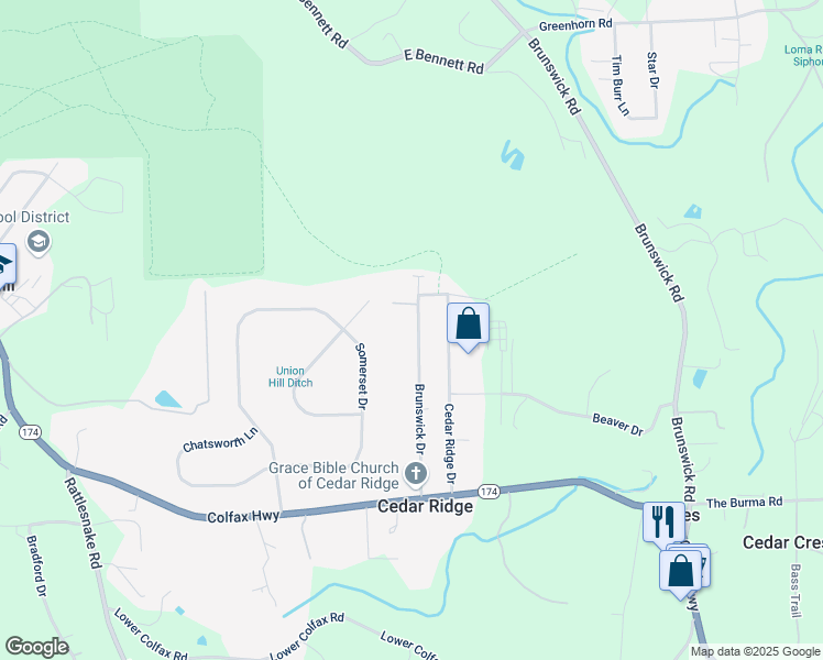 map of restaurants, bars, coffee shops, grocery stores, and more near 11104 Brunswick Drive in Grass Valley