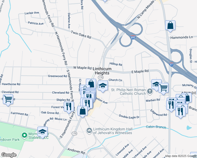 map of restaurants, bars, coffee shops, grocery stores, and more near 112 South Camp Meade Road in Linthicum Heights
