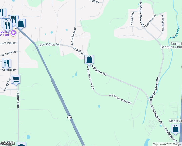 map of restaurants, bars, coffee shops, grocery stores, and more near 4123 West Stoutes Creek Road in Bloomington