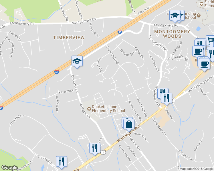 map of restaurants, bars, coffee shops, grocery stores, and more near 6711 Burnbridge Hunt Court in Elkridge