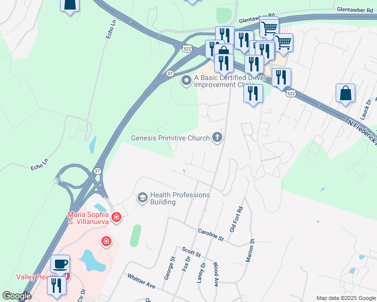 map of restaurants, bars, coffee shops, grocery stores, and more near 107 Mummert Circle in Winchester