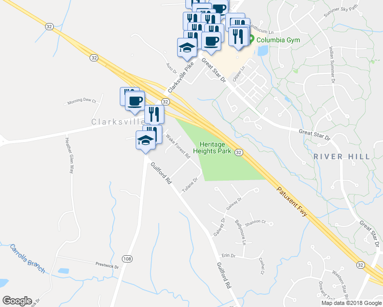 map of restaurants, bars, coffee shops, grocery stores, and more near 12304 Wake Forest Road in Clarksville