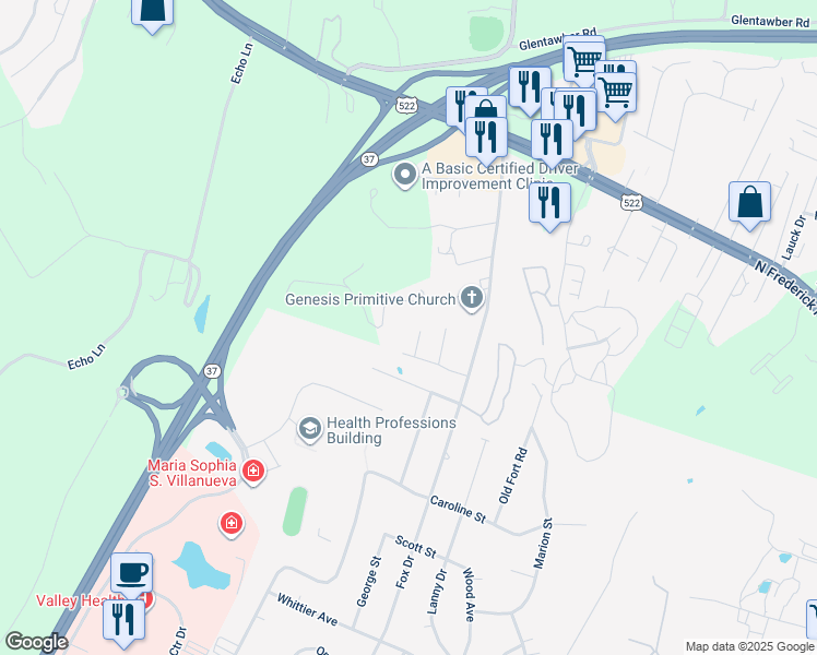 map of restaurants, bars, coffee shops, grocery stores, and more near 107 Mummert Circle in Winchester