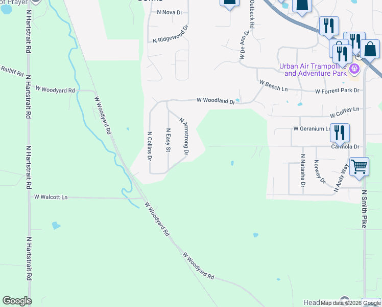 map of restaurants, bars, coffee shops, grocery stores, and more near 3740 North Armstrong Drive in Bloomington