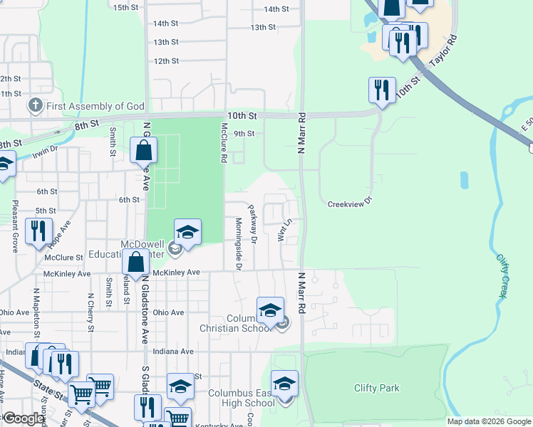 map of restaurants, bars, coffee shops, grocery stores, and more near 302 Stonegate Drive in Columbus